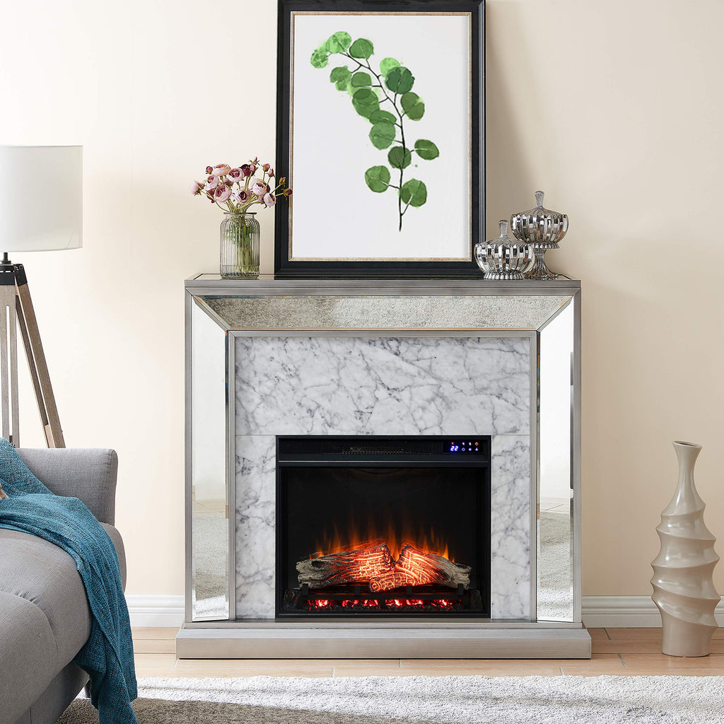Trandling Mirrored Touch Screen Electric Fireplace with Faux Marble - Transitional Design, Grey Glass and Wood