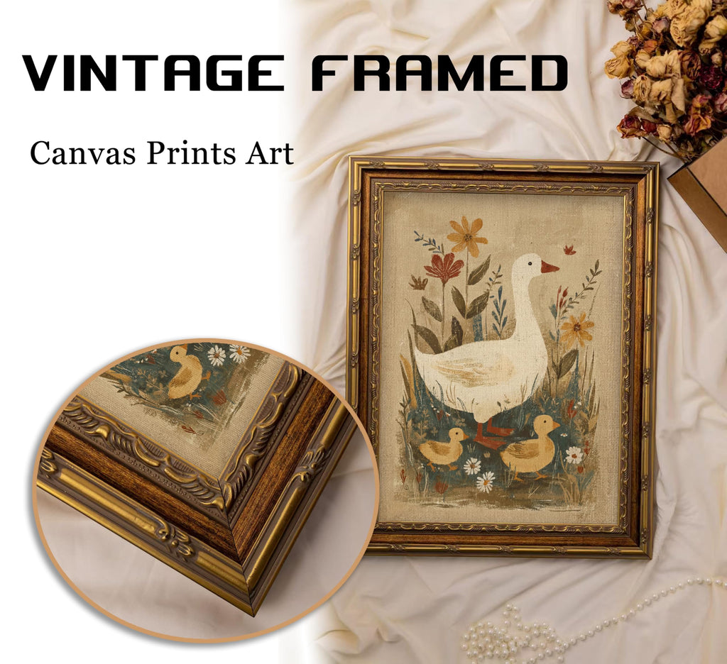 Vintage Gold Framed Goose Wall Art, Retro Floral Farm Animal Oil Painting Canvas Print, Antique Neutral Cottagecore