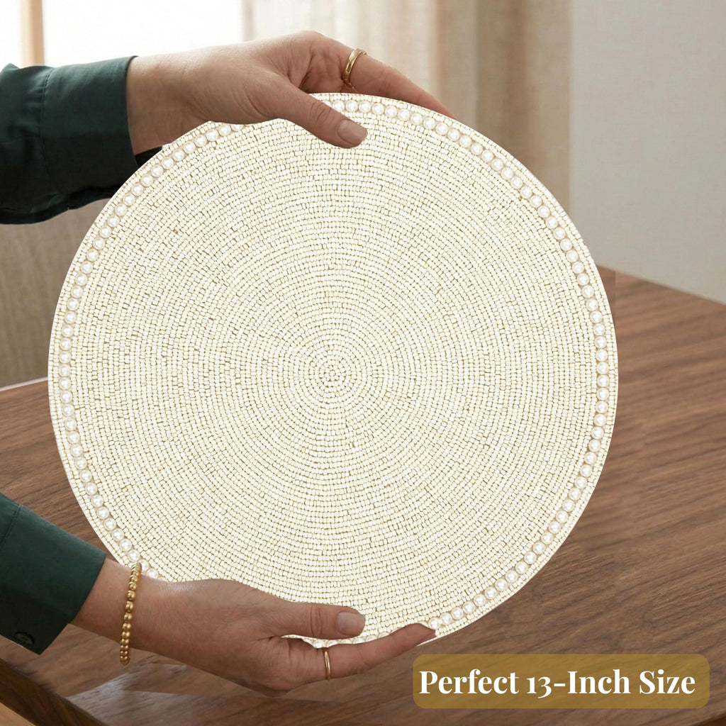 Beaded Placemats Set of 2 Ivory Round Handmade Table Mats