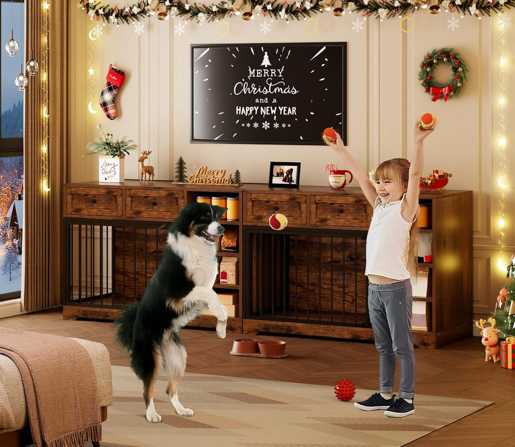 47.2" Dog Crate Furniture with 2 Drawers and 4 Shelves, Wood Dog Crate TV Stand, Large Dog Kennel Indoor for Small
