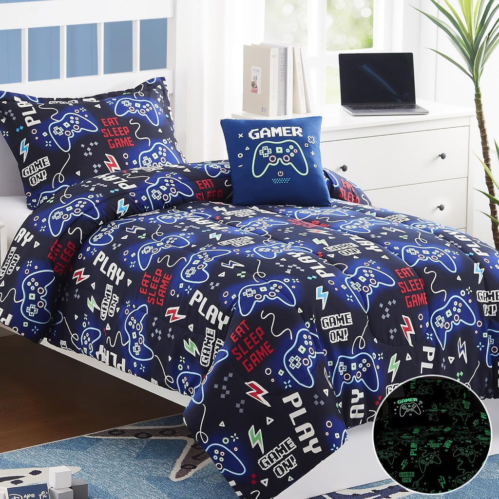 Kids Comforter Set Twin for Boys, Glow in The Dark Gamer Bedding Set 1 Comforter, 1 Decor Pillow, 1 Pillow Sham, Twin