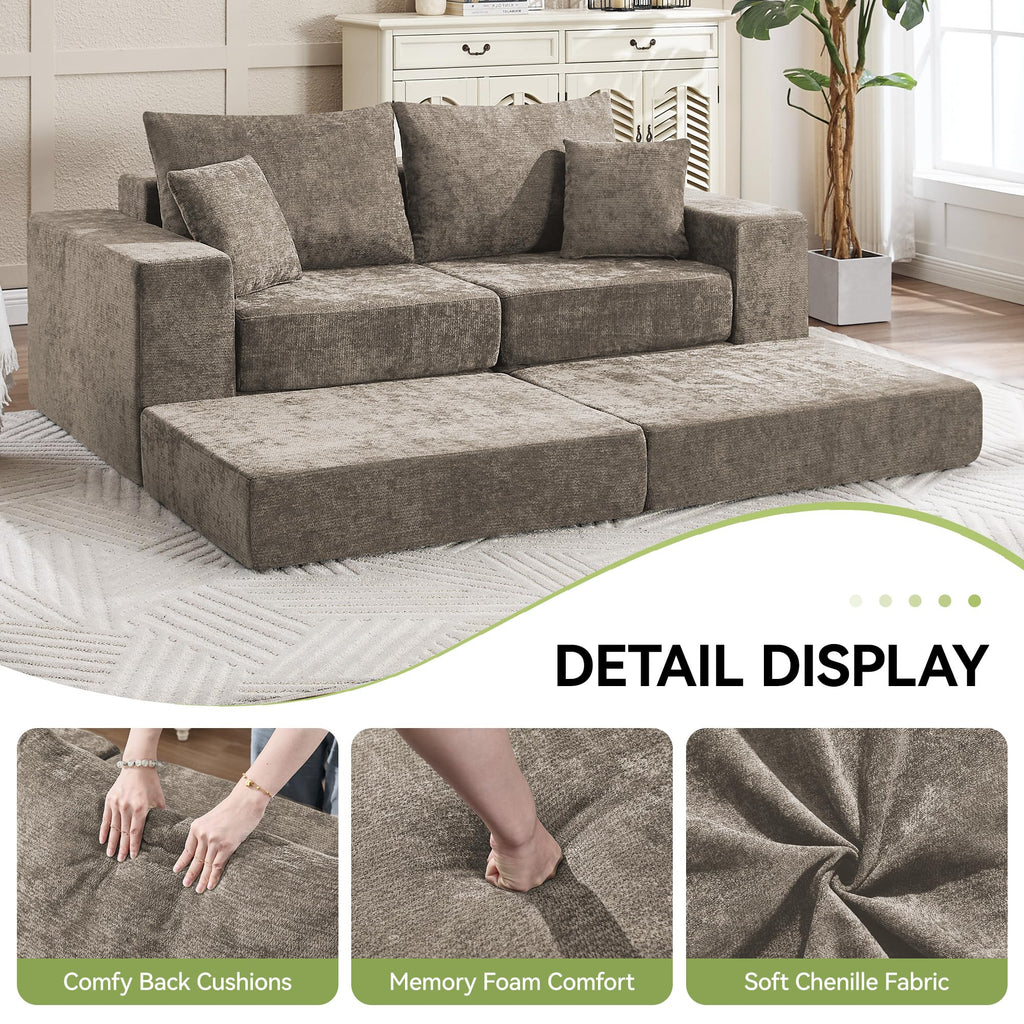 79" Boneless Cloud Modular Sectional Loveseat Sofa Couch, Brown
