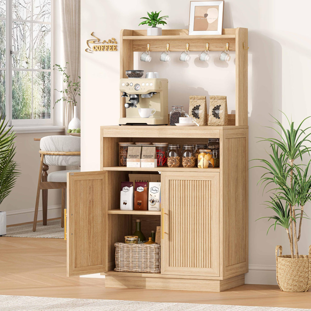 Fluted Coffee Bar Cabinet, Buffet Coffee Station with Hutch