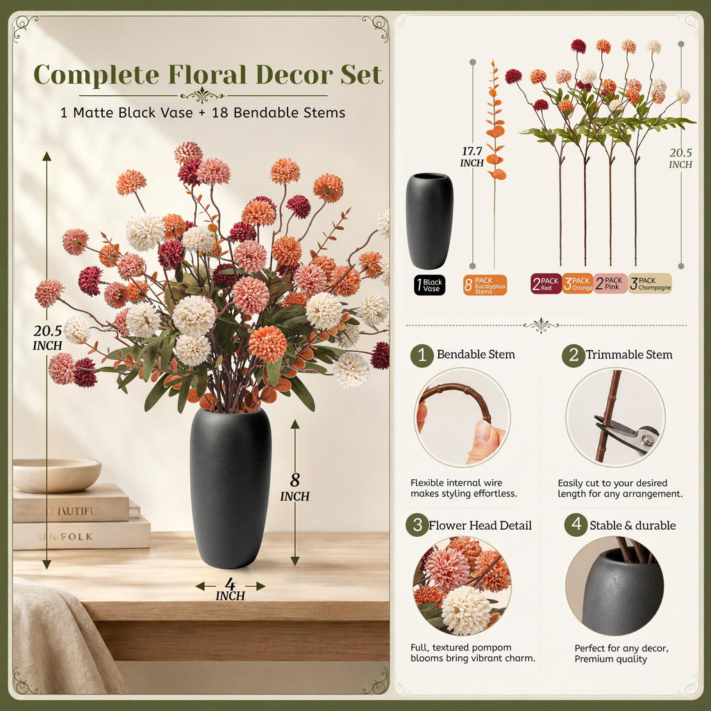 Fall Artificial Flowers with Vase, 18 Pcs Silk Mums Decor