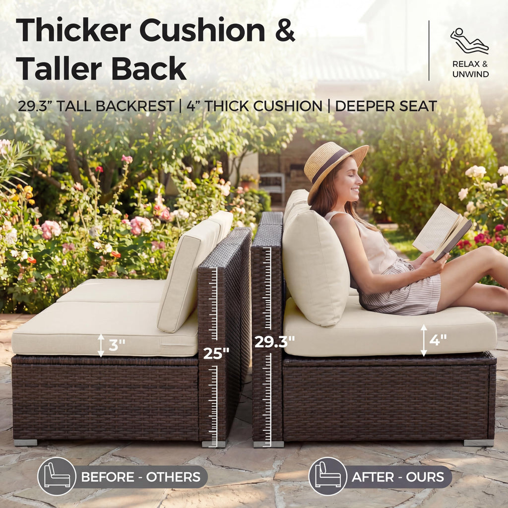 9 Piece Patio Furniture Conversation Set, Extra Large Size Outdoor Rattan Sectionals with Fire Pit Table Natural Gas