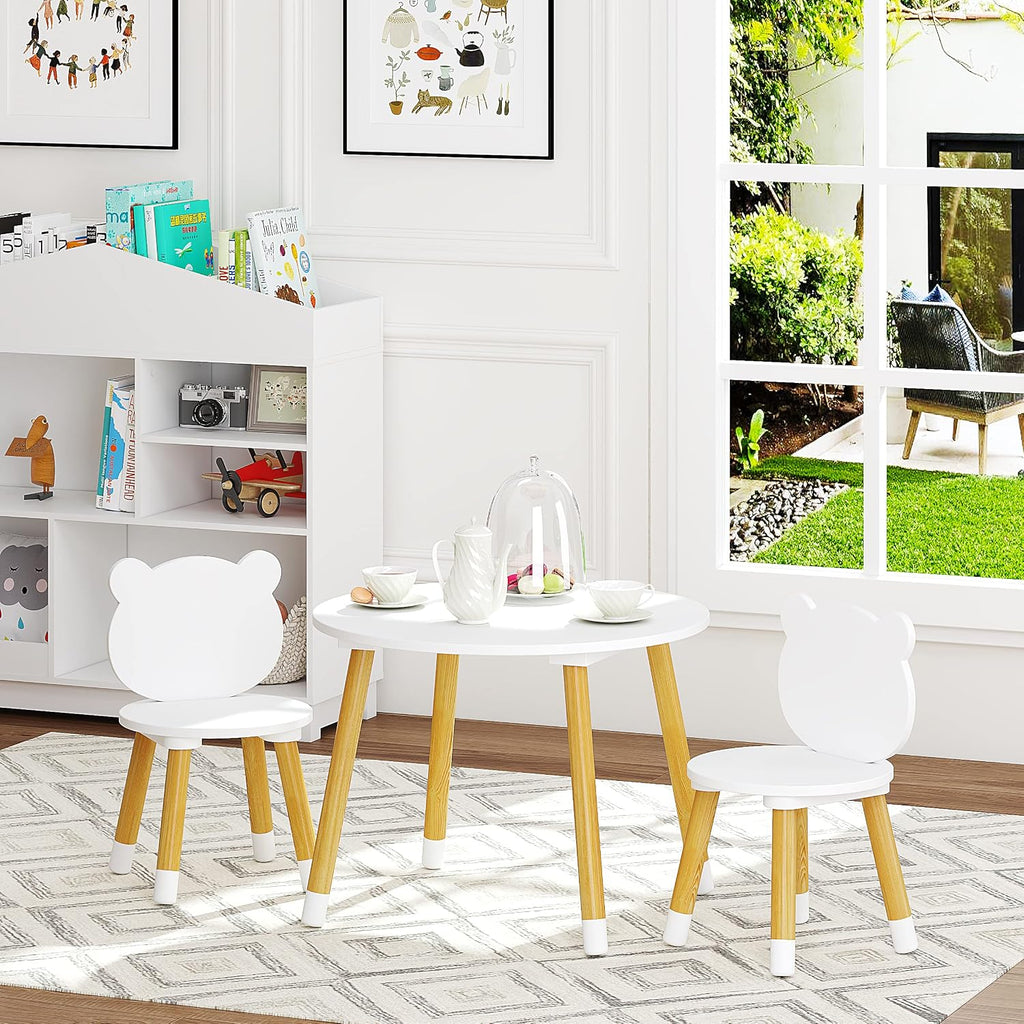 Bear-Themed Wooden Toddler Table and Chair Set for Kids' Room,White