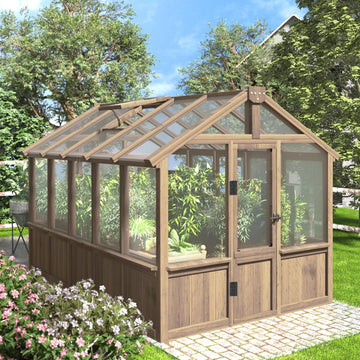 6'x10' Wooden Greenhouse for Outdoor, Heavy Duty Green House Kit with Ventilated Window and Lockable Door, 6mm PC