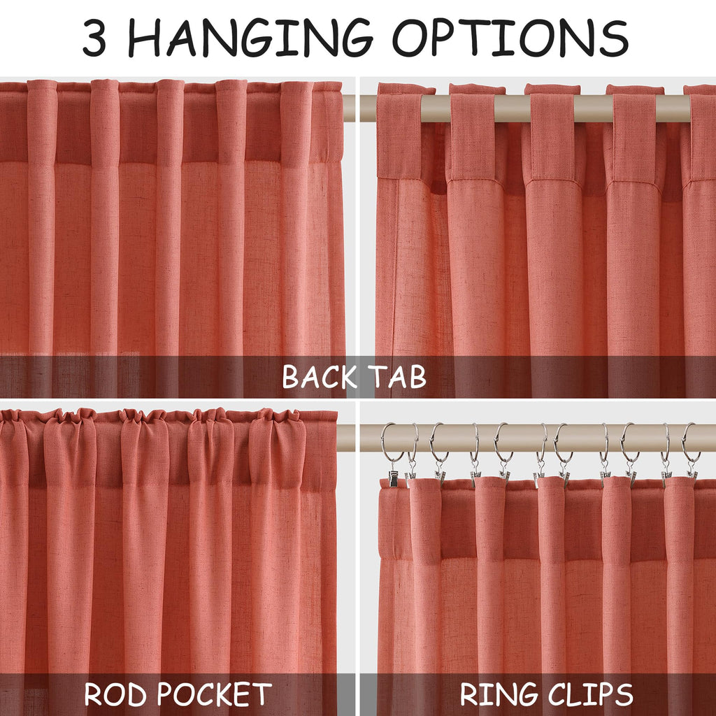 Coral Linen Curtains 102 Inches Long 2 Panel Set Back Tab Rod Pocket Semi Sheer Light Filtering Burlap Extra Long