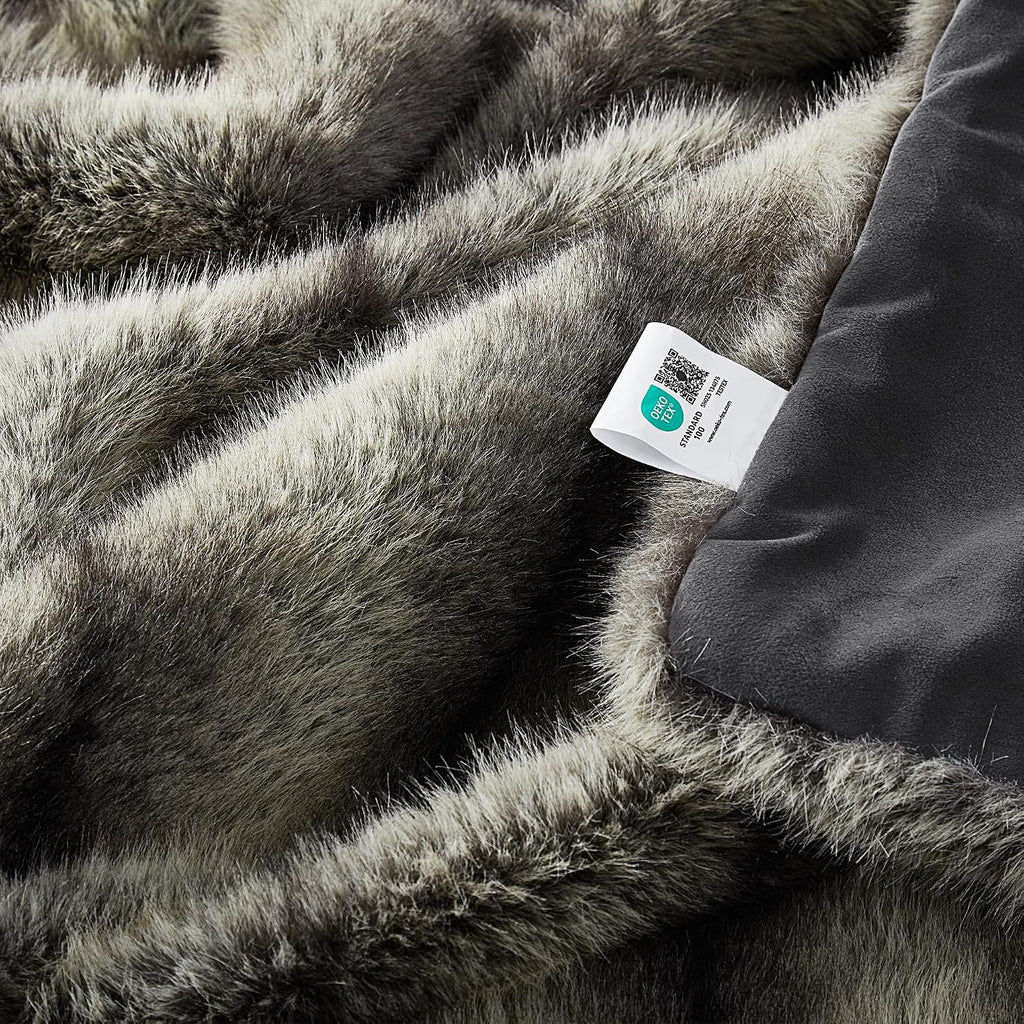 High-end Premium Fuzzy Faux Wolf Fur Throw Blanket 50" x 60", Luxury Cozy Accent Thick Animal Skin Fluffy Fox Blanket