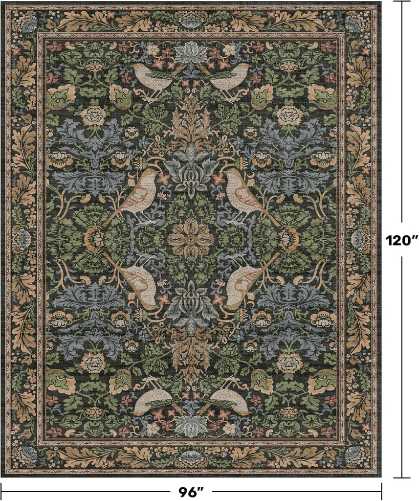 Dark Living Room Rug 8x10 - Large Washable Floral Area Rugs
