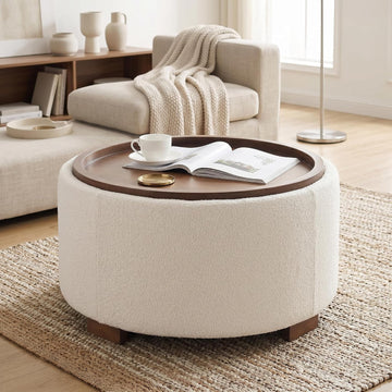 30 Inch Round Storage Ottoman, Ottoman Coffee Table with Lift Off Lid, Boucle Modern Ottomans with Storage s (Beige)