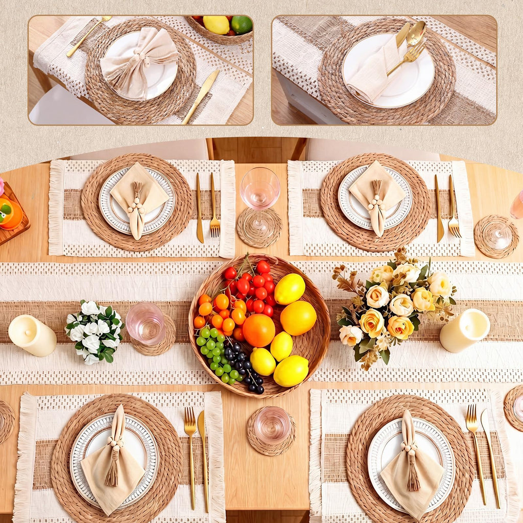 6 Set Boho Table Placemats, Natural Cotton Burlap Woven Mats with Tassels & Bead Napkin Rings, Farmhouse Macrame