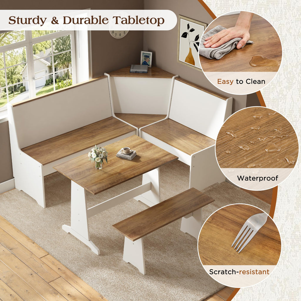 3-Piece Corner Dining Set with Hidden Storage, White & Barnwood