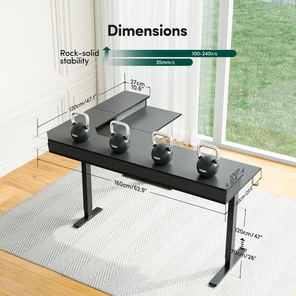 63"x48" L Shaped Standing Desk with Drawers & Shelf, Modern Black