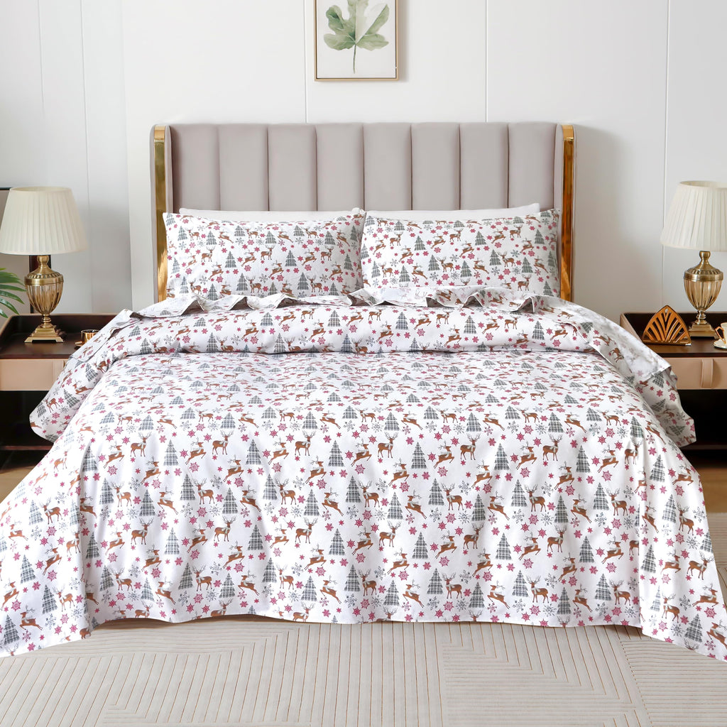 Holiday Christmas Flannel Sheet Set, Twin, Plaid Deer