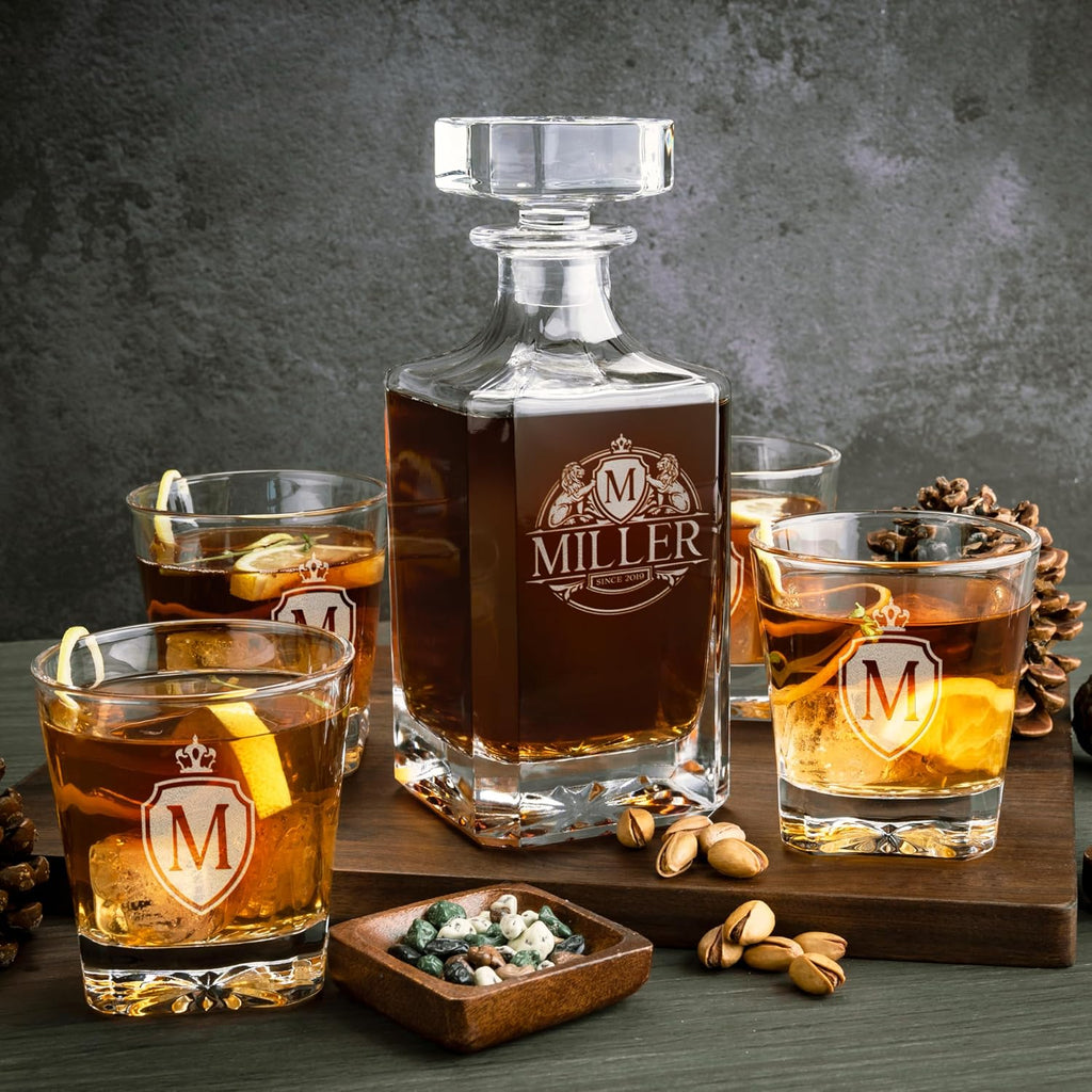 Personalized Whiskey Decanter Set - 9 Design Options - Limited Edition, Custom Liquor Decanter | 25 Oz, 750ml - Set of 4
