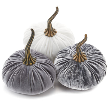 Set of 3 Velvet 6.25 Inch Pumpkins, silver platinumn accent decor, elegant luxe tablescape, tiered tray decor, cozy