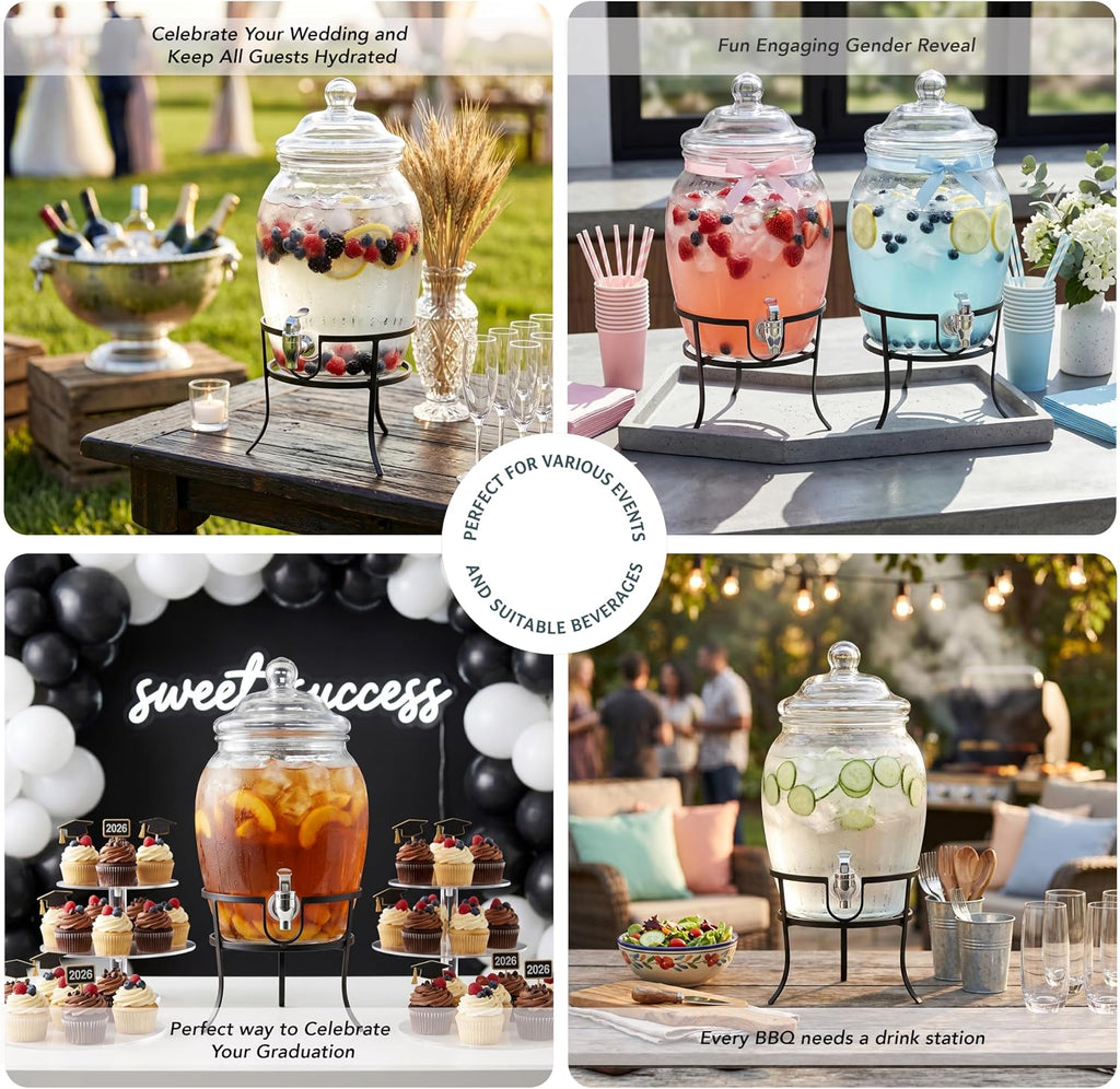 Beverage Dispenser Cold Drink Dispenser w/ 2-Gallon Capacity Glass Jug, Metal Stand & Leak-Proof Acrylic Spigot