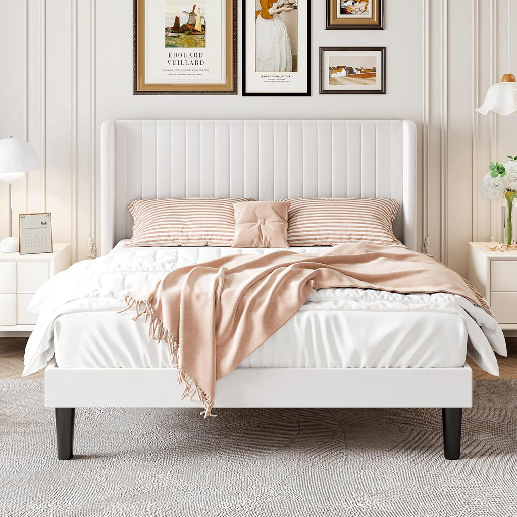 Full Velvet Bed Frame with Vertical Channel Tufted Wingback Headboard, Upholstered Platform Bed with Wood Slats