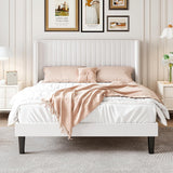 Full Velvet Bed Frame with Vertical Channel Tufted Wingback Headboard, Upholstered Platform Bed with Wood Slats