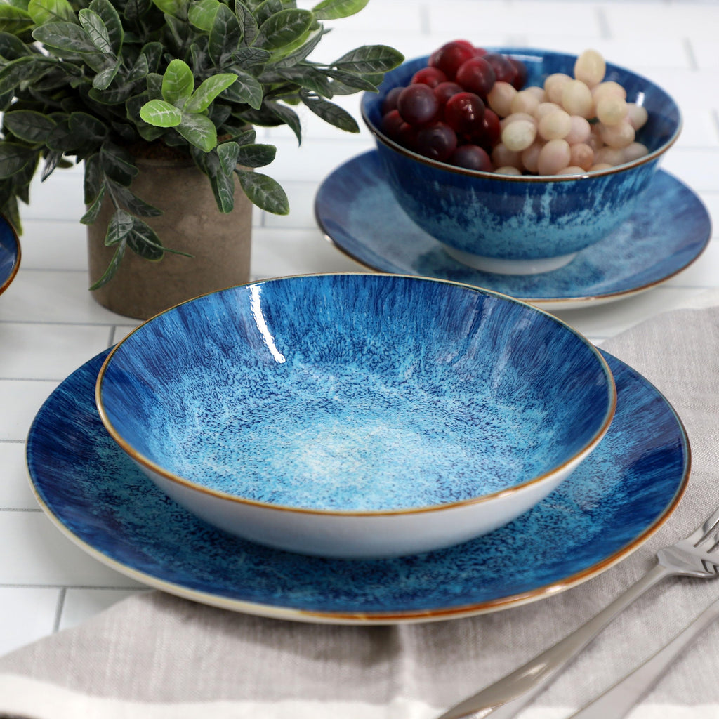 Oceanus 16 Piece Porcelain Double Bowl Dinnerware Set in Blue, Tableware Service for 4