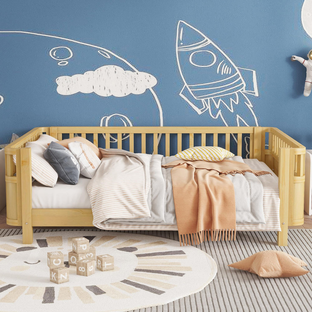 Full Size Wood Floor Bed, Montessori Platform Daybed Frame with Safety Rails & Low Profile, Space Saving U-Shaped