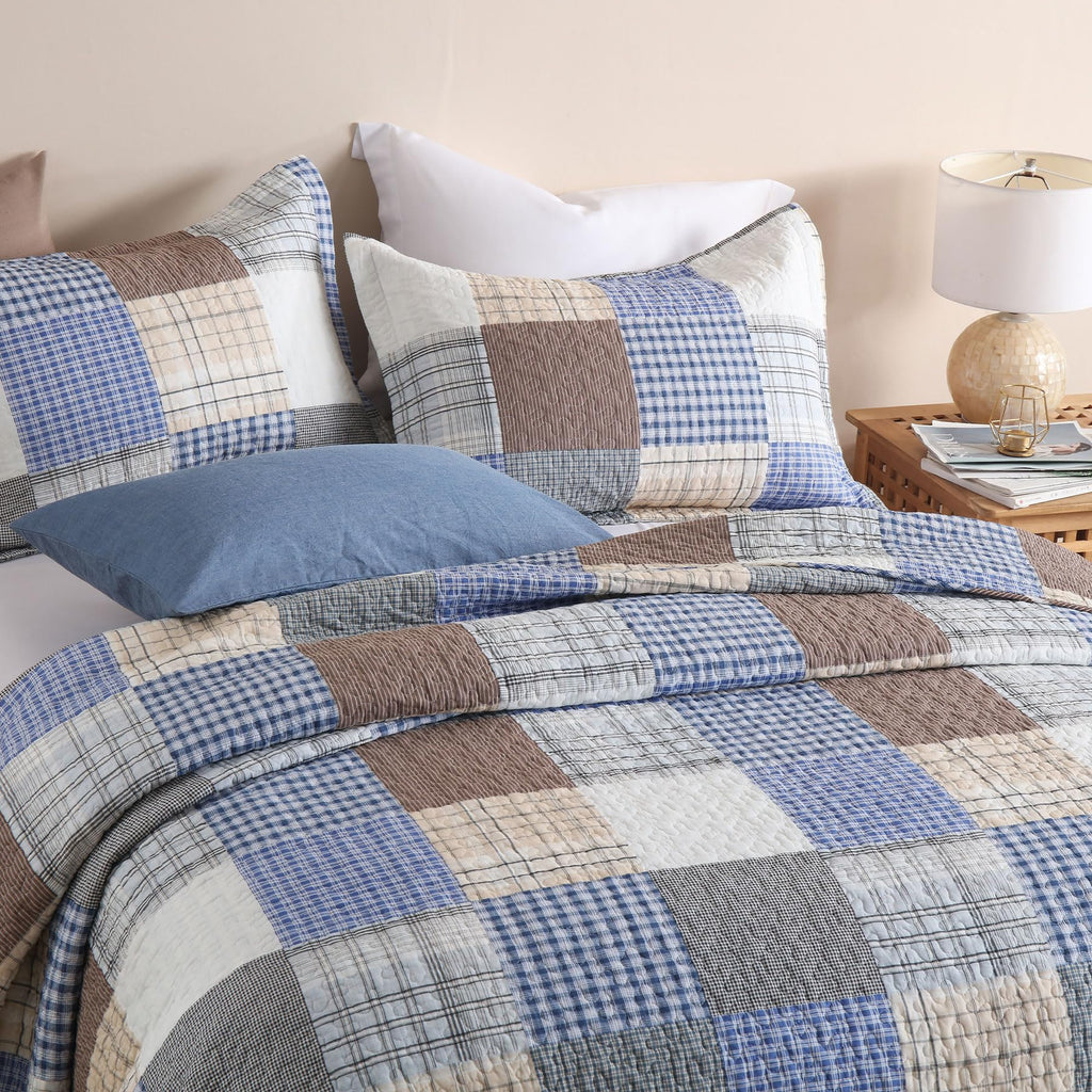 Comforter Set- 100% Cotton Quilt Set, Bule, Plaid bedspreads (96 * 108 Inch) with 2 Pillow Shams