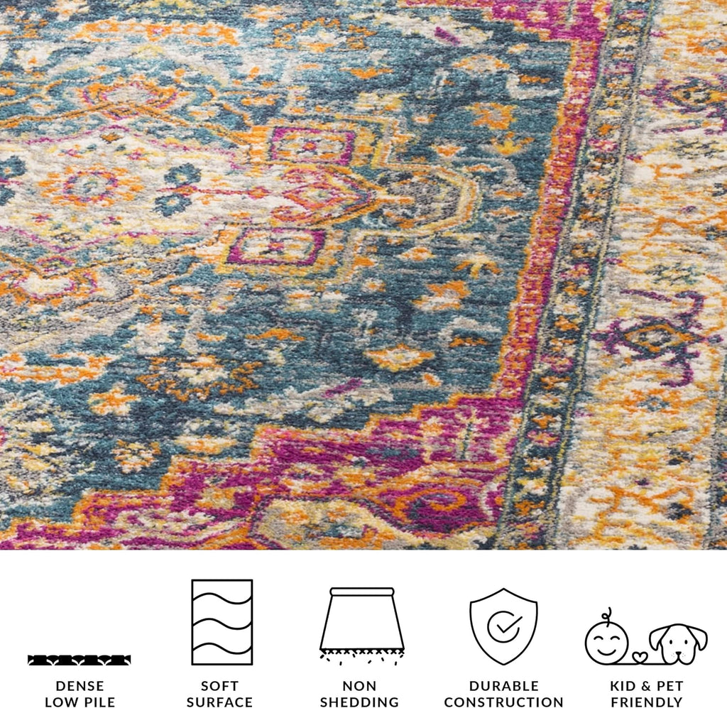 Madison Collection Area Rug - 10' x 14', Blue & Multi, Boho Chic Medallion Distressed Design, Non-Shedding & Easy