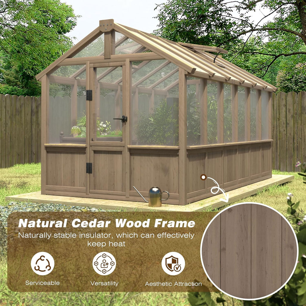 6 x 12 FT Wooden Polycarbonate Greenhouse, Outdoor Green House Kit with Ventilated Window and Lockable Door, Walk-in
