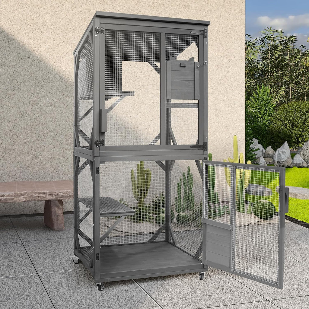 Cat Catio Outdoor Cat Enclosure, Large Wooden Kitten Patio Indoor with Upgraded Resting Box, Waterproof Roof