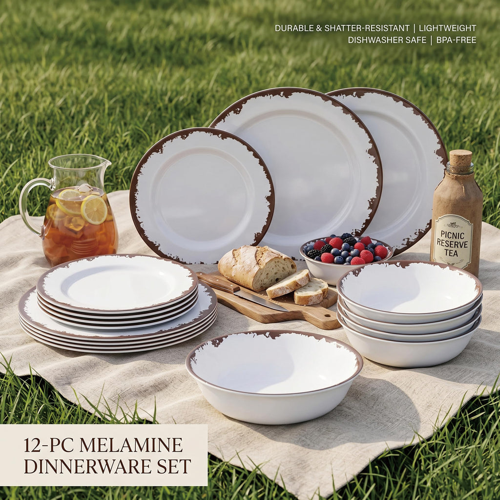 Melamine Dinnerware Farmhouse Plates and Bowls Set for 4-Off White