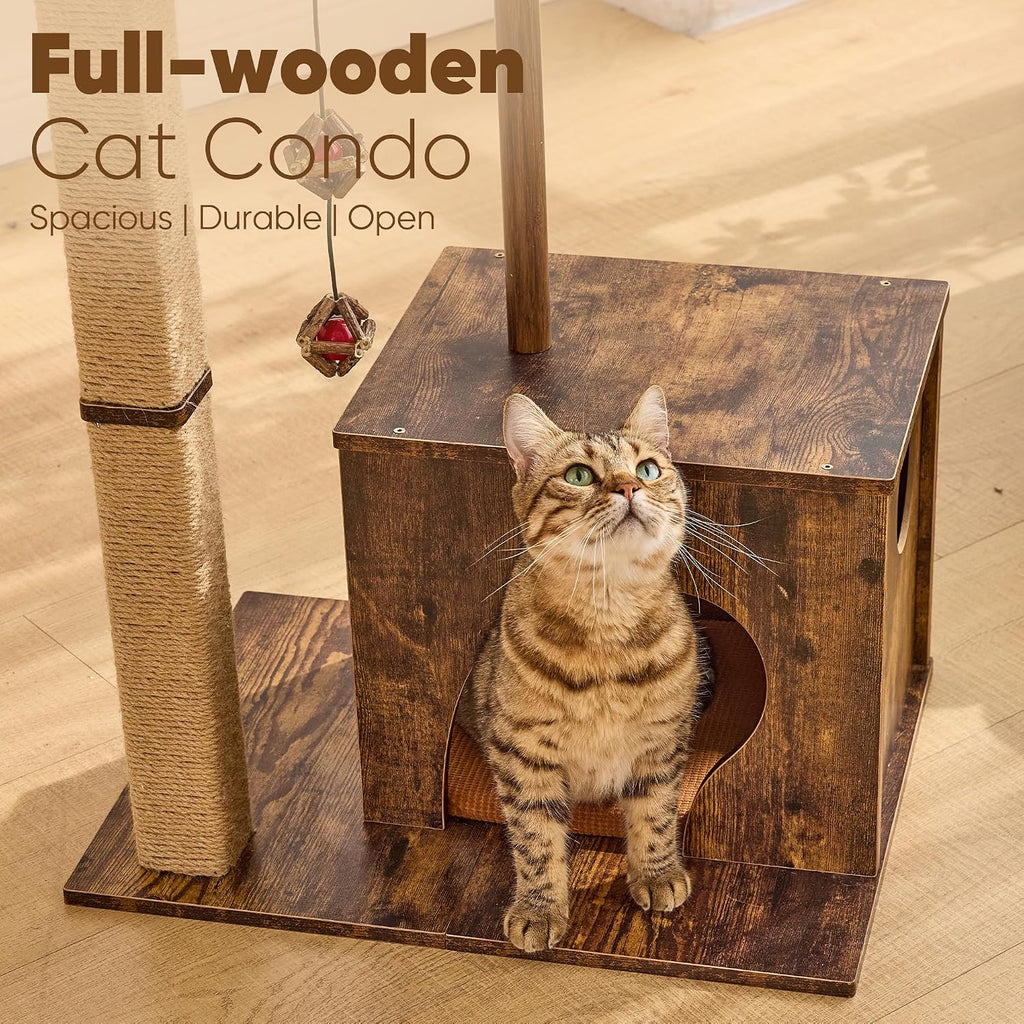 Retro-Modern Cat Tree, Small Wooden Cat Tower with Post and Condo