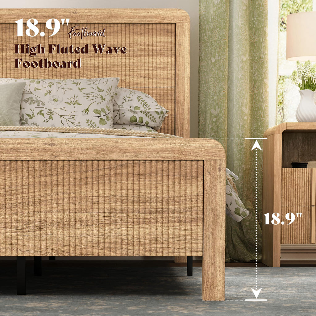 Wood Full Size Bed Frame with Fluted Headboard & Footboard, Oak