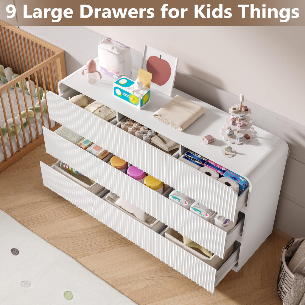 Dresser with 9 Drawers, Fluted Chest of Drawers with Round Curved Corner, Hidden Handles, Modern Wood Storage