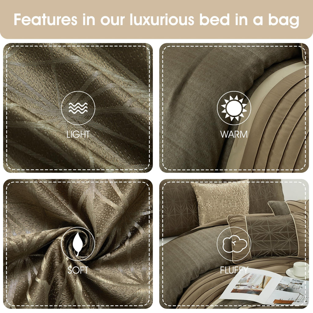 Taupe Comforter Set King Size, Geometric Bedding Set, Jacquard with Matching Solid Piecework, Bedskirt, Pillows &