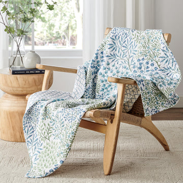 English Forest Green - Throw - Leaves - Green, Blue, White - Quilted Throw (50x60in.) - Cotton