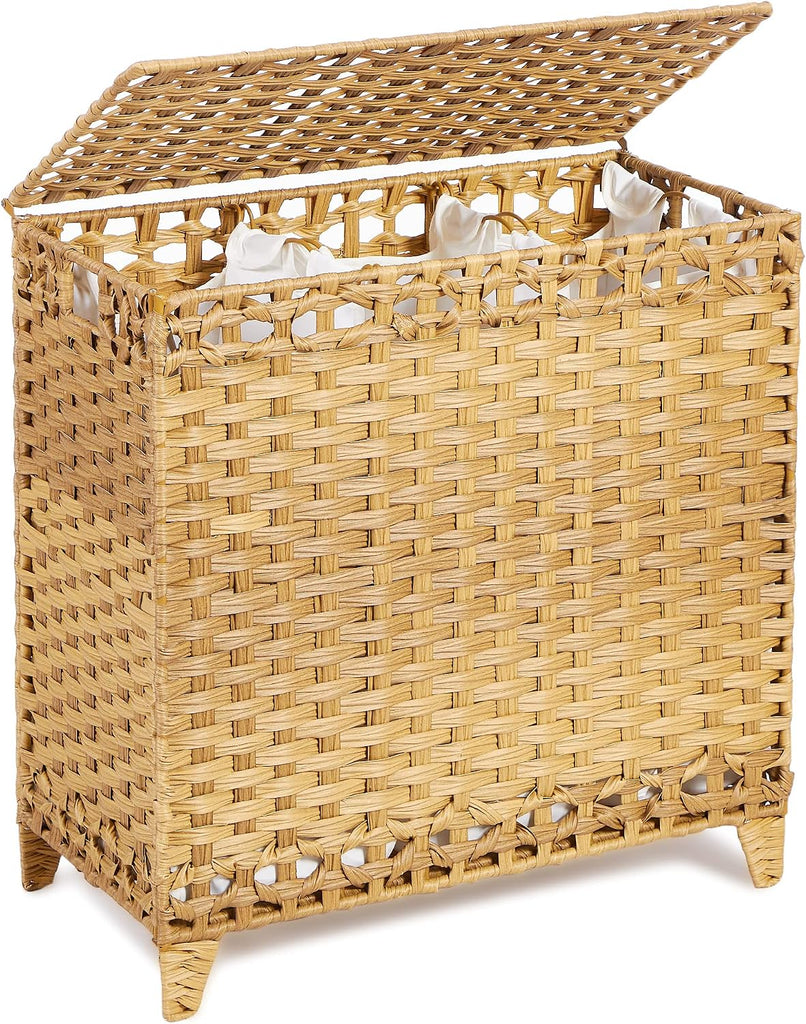 Laundry Hamper with 3 Removable Liner Bags, 132L Laundry Sorter with Lid | Raised Feet; Side Carry Handles; Handwoven