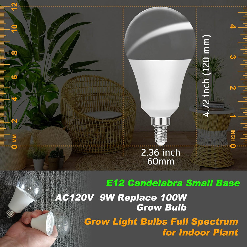 E12 Candelabra Small Base Grow Light Bulbs with Blue Red 5000K LEDs, 3 Pack
