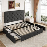 Upholstered Queen Platform Bed Frame with 4 Storage Drawers and Headboard, Diamond Stitched Button Tufted