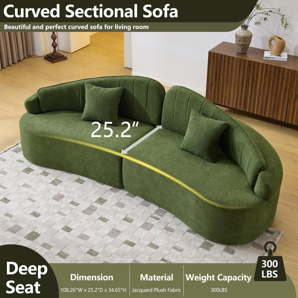 108"Curved Sectional Sofa, Deep Seat Green Couch with 2 High Back
