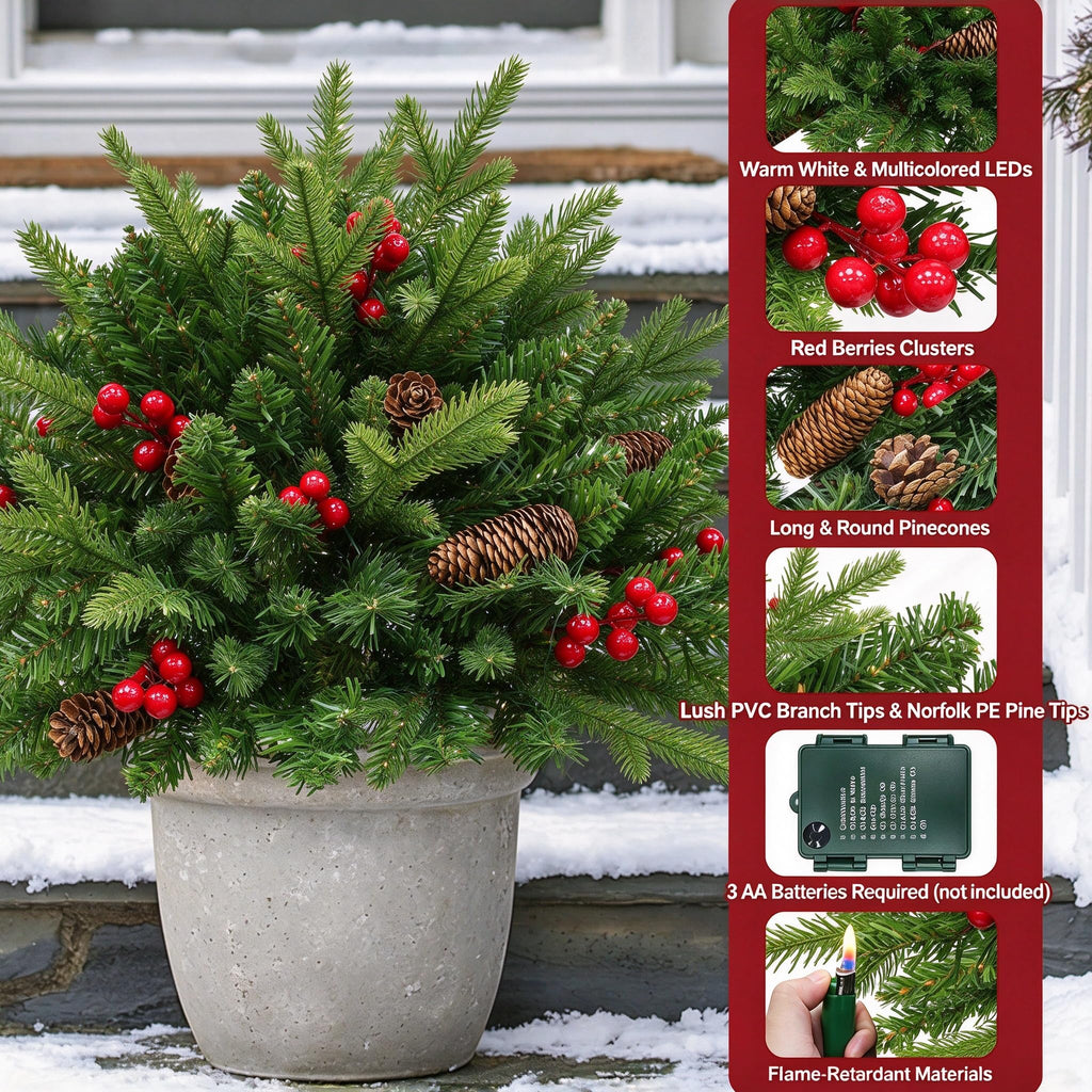 Timer 2 Pack Outdoor Christmas Tree Urn Filler 24 Inch Artificial Xmas Tree withPinecones Red Berries Tripod Stake