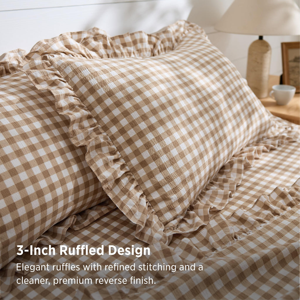 Gingham Sheets, 4 Piece Brown Ruffle Farmhouse Bedsheet