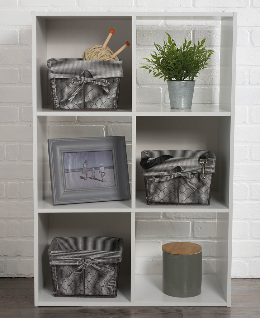Farmhouse Chicken Wire Storage Baskets with Liner, Small, Rustic Black & White Ticking Stripe, 9x7x6", 3 Piece