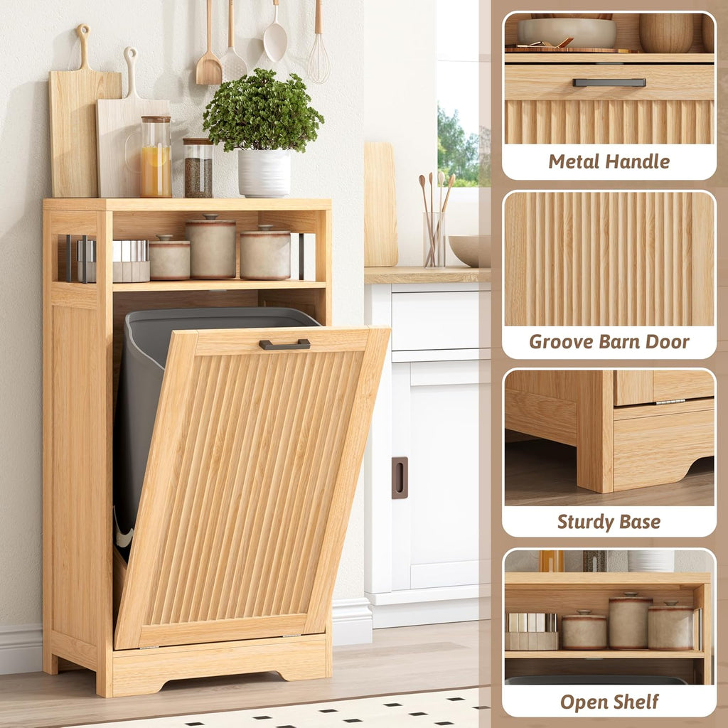 13 Gallon Tilt Out Trash Can Cabinet with Open Shelf & Storage - Pet Proof Hidden Recycling Cabinet & Wooden Laundry