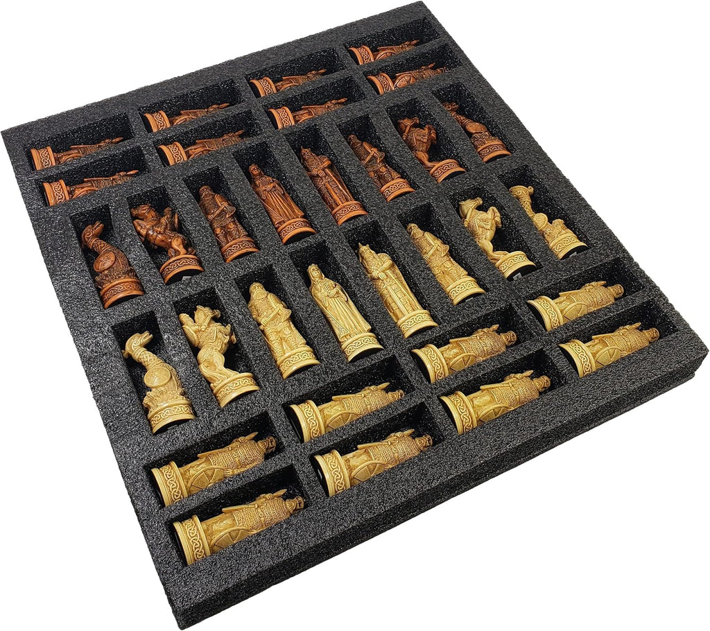 Antique Ivory & Brown Norse Viking Chess Set with 18 inch Walnut Color Board
