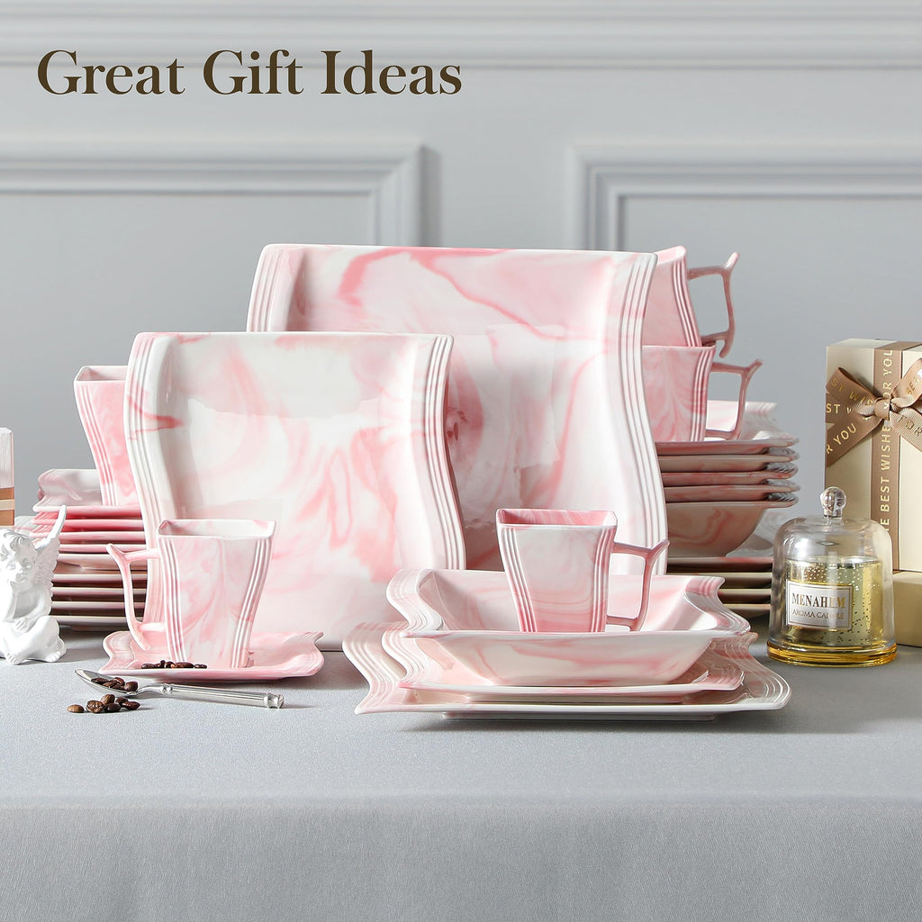 Dinnerware Sets, 30-Piece Pink Plates and Bowls Sets for 6, Porcelain Dinnerware Set with Plates and Bowls, Cups and