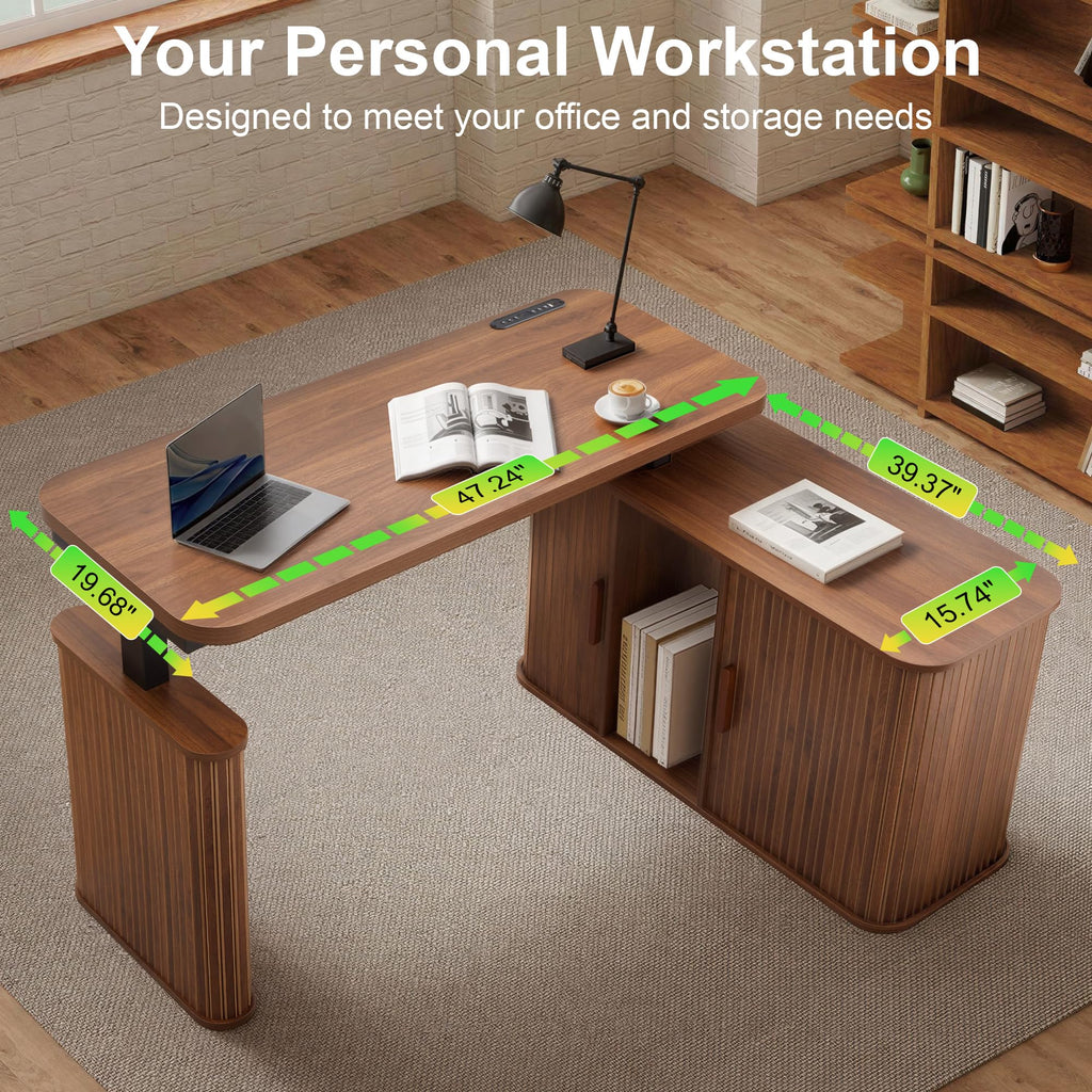 47" L Shaped Electric Wood Standing Desk with Storage