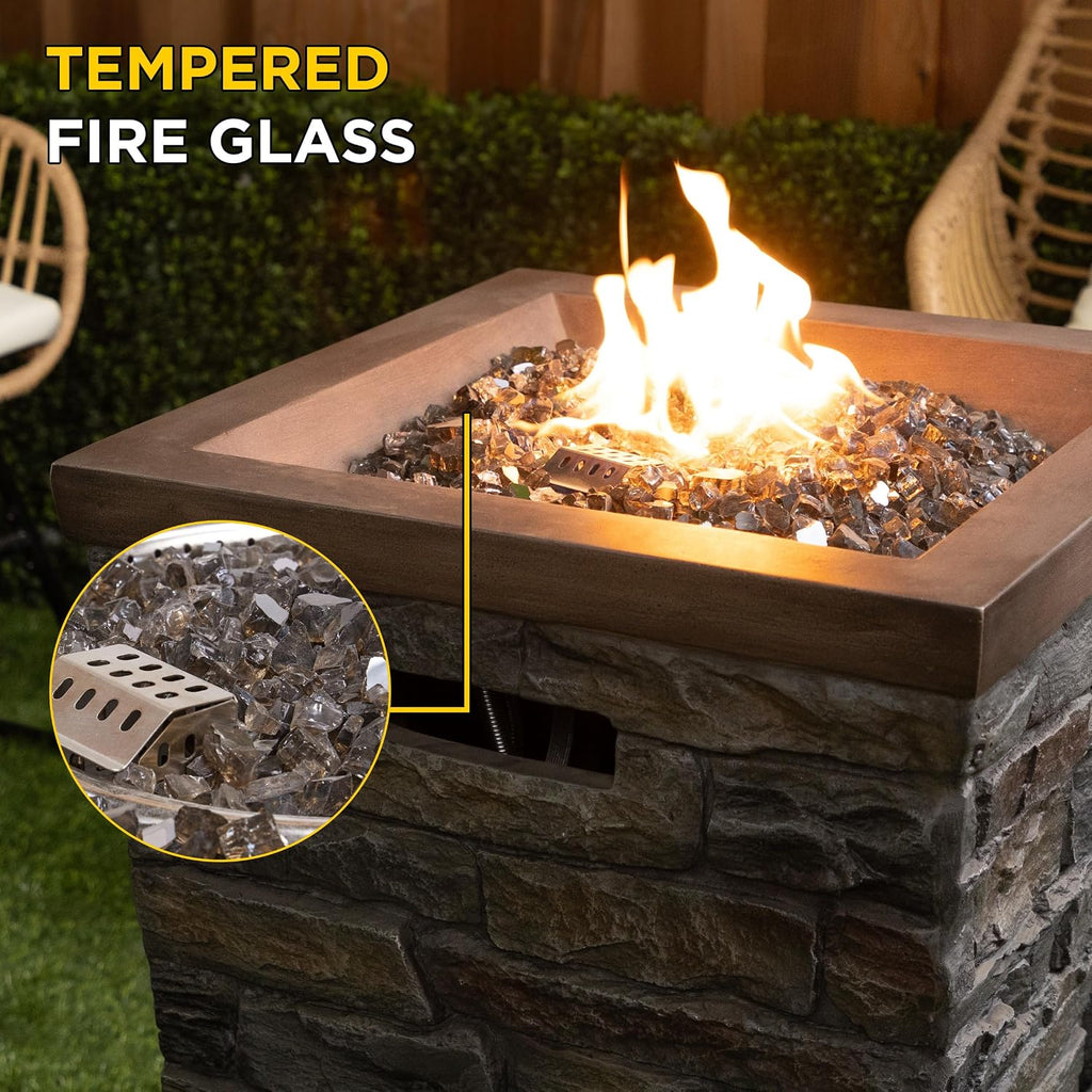 GXT966 Stone Look Column Gas Fire Pit with 32K BTU and Adjustable Flame, Cozy Patio Decor, 29" H, Multicolor