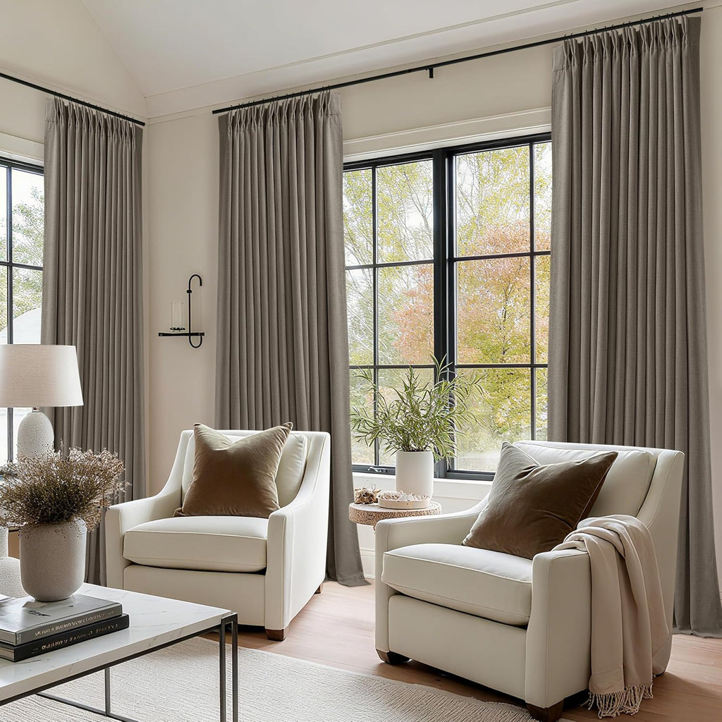 Dark Taupe 96 Inch Blackout Pinch Pleated Curtains 2 Panel Set for Living Room Darkening Thick Linen Textured 100%