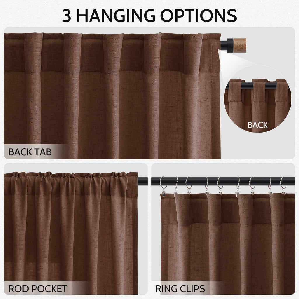 Mocha Brown Curtains 84 Inches Long Back Tab Linen Luxury Light Filtering Privacy Semi Sheer Curtain Farmhouse Decor